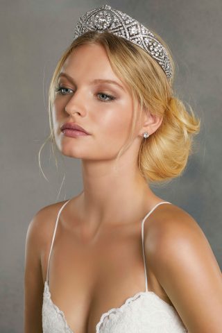 woman in white dress wearing morilee head piece tiera